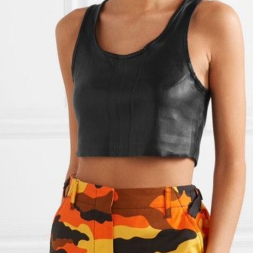 SPRWMN Black Stretch Leather Crop Top Shirt Womens S